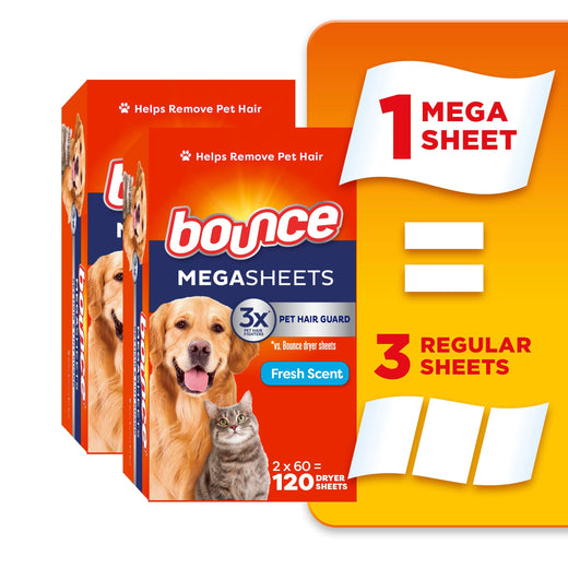 Pet Hair and Lint Guard Mega Dryer Sheets with 3X Pet Hair Fighters, Fresh Scent, 180 Count