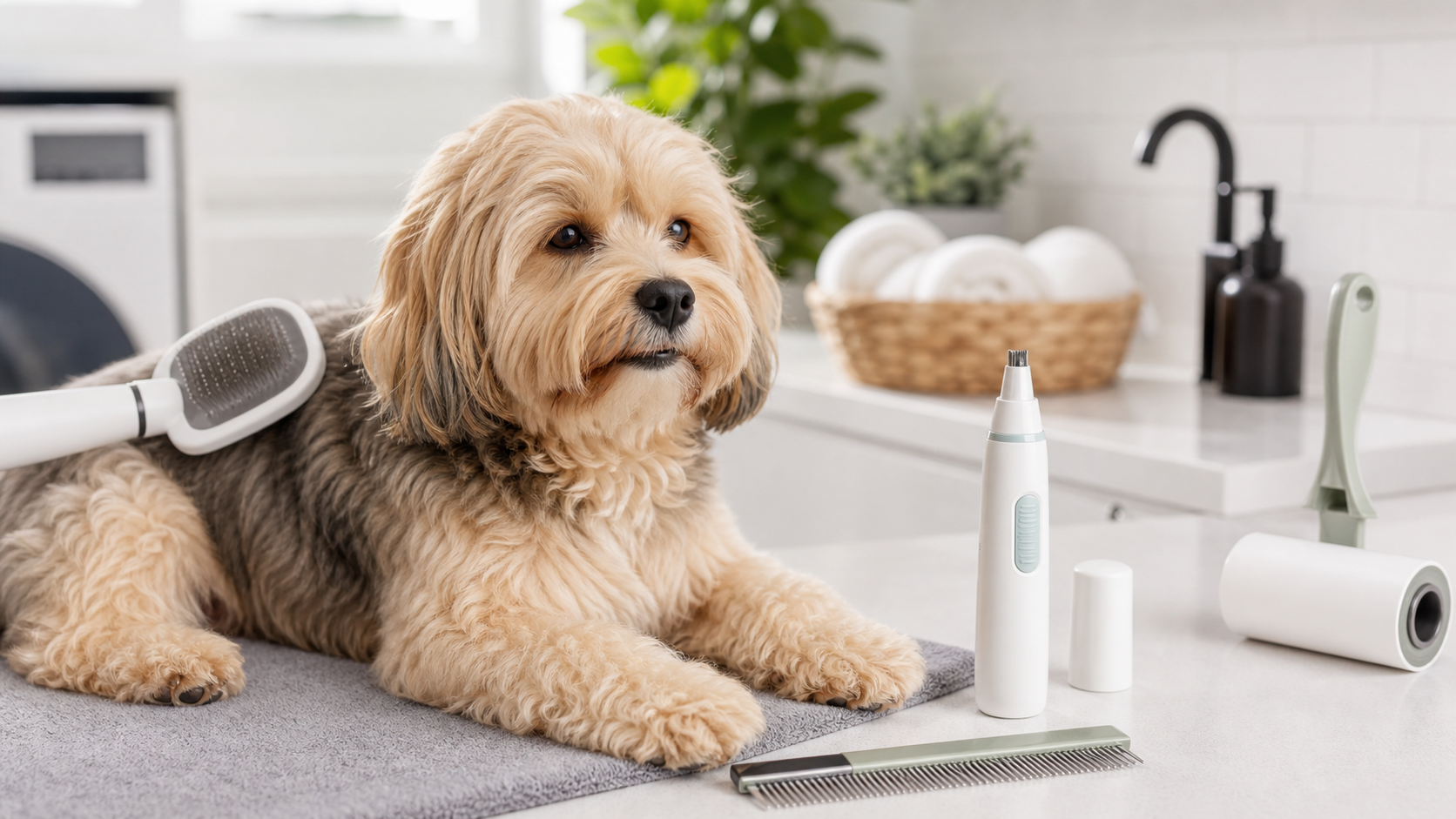 Calm grooming routine with dog and pet care tools