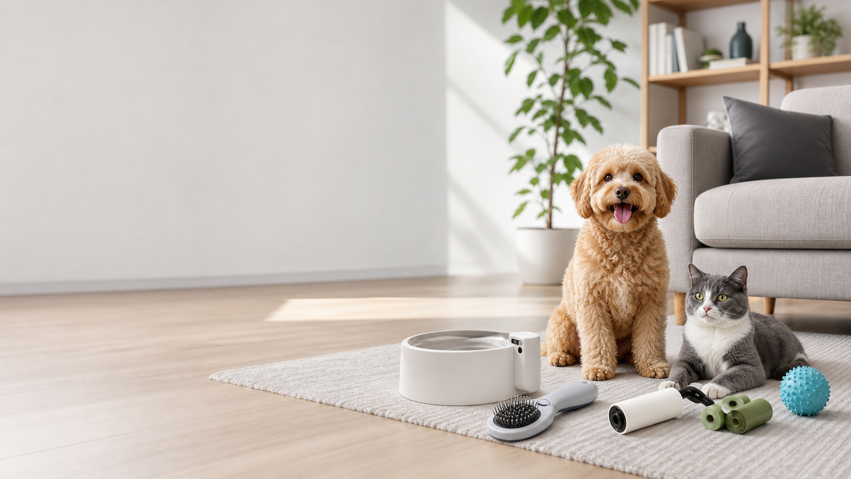 Dog and cat with clean modern pet care essentials